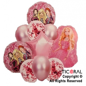 SET DE GLOBOS METALIZADOS BARBIE Y LATEX CON CONFETI x 10 UNIDADES